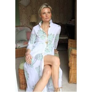 Julia India Amory JA Shirt Dress Maxi Celadon Green Block Print Button Cotton